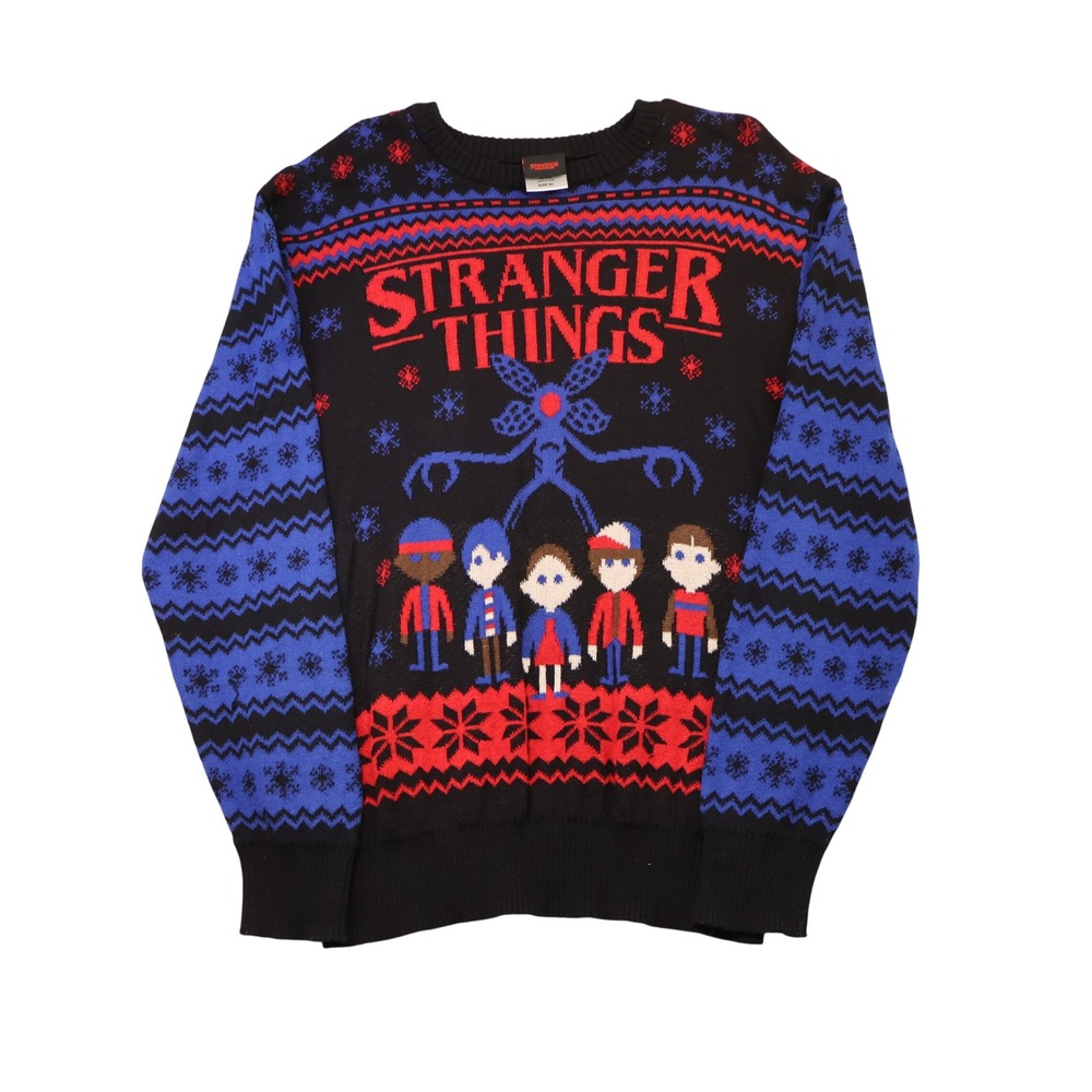Stranger Things Mens XL Sweater Black Blue Red Demogorgon Cast Holiday Knit